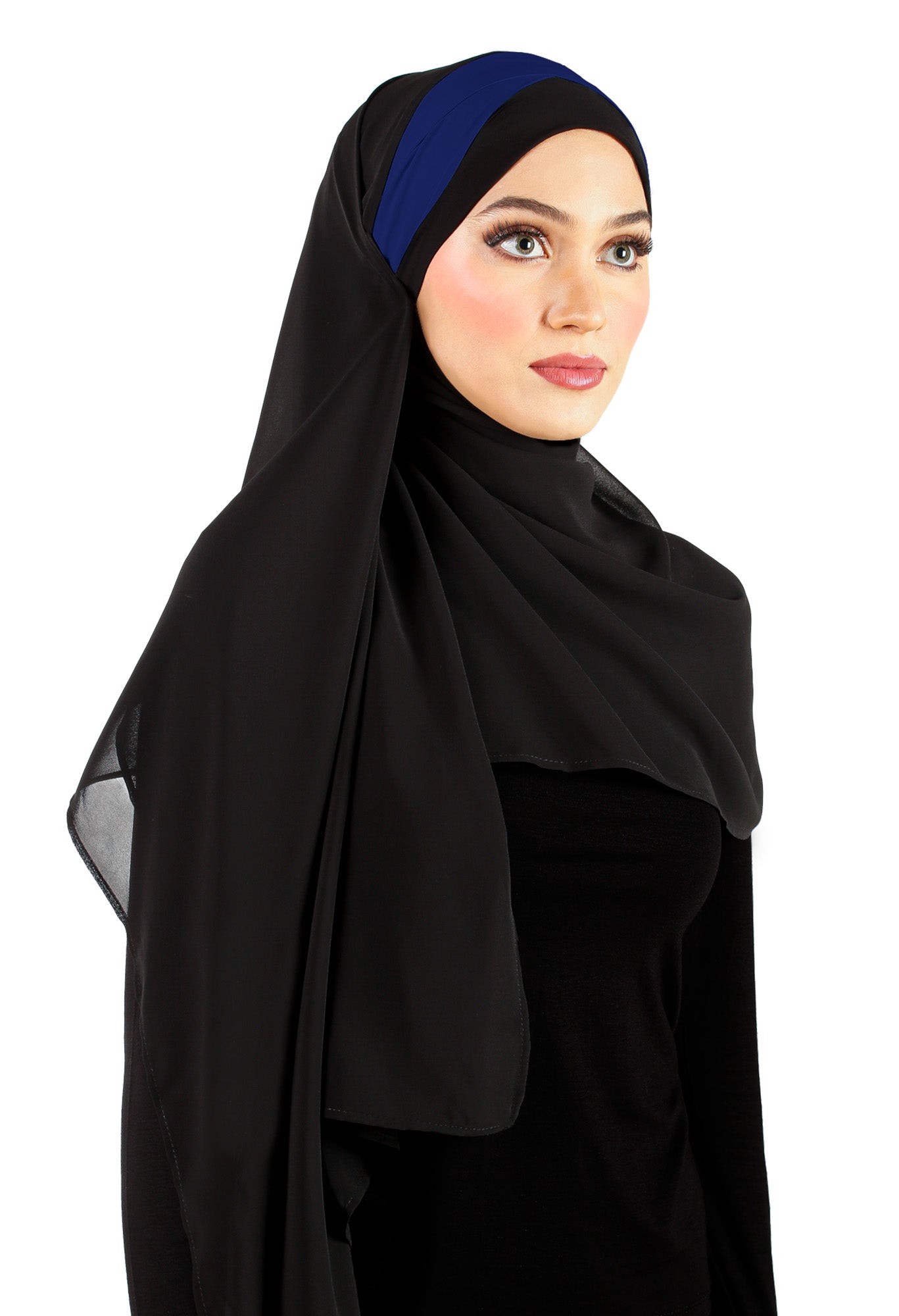 Chiffon Wrap Hijab with caplet and sashes that tie back to secure hijab black with blue accent on the caplet