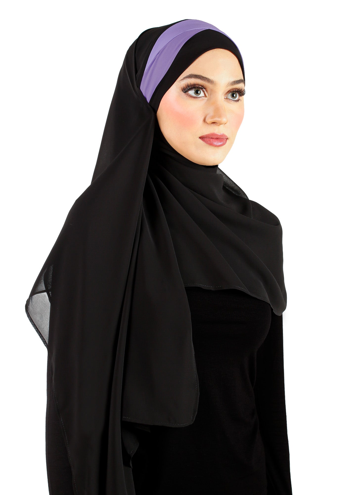 High quality Korean chiffon headscarf in black wth a lilac stripe accent on the forehead caplet has 2 sashes that tie back to secure the hijab