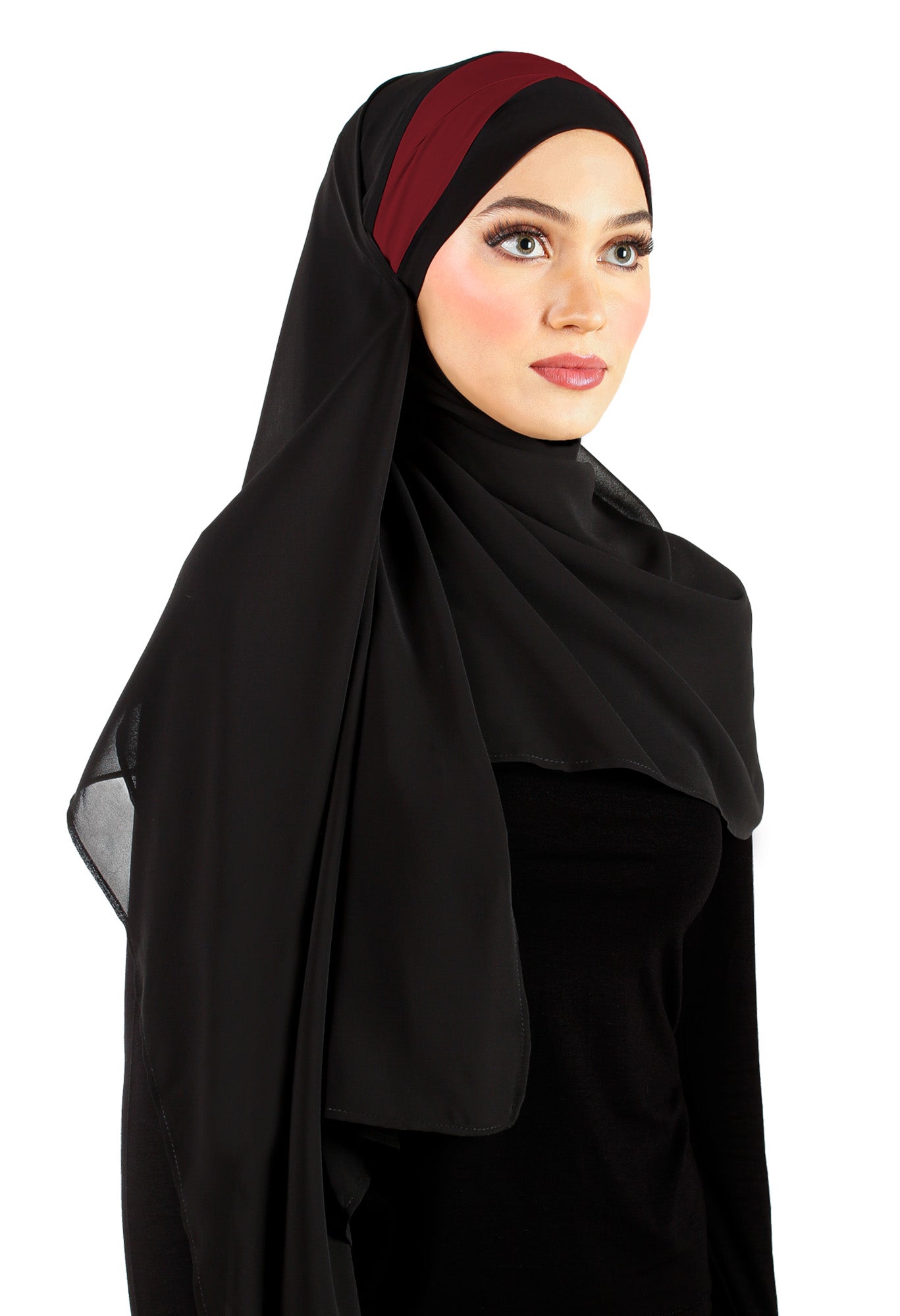 black korean chiffon headscarf wrap has a maroon stripe on the caplet with 2 sashes that tie back behind the head to secure the hijab