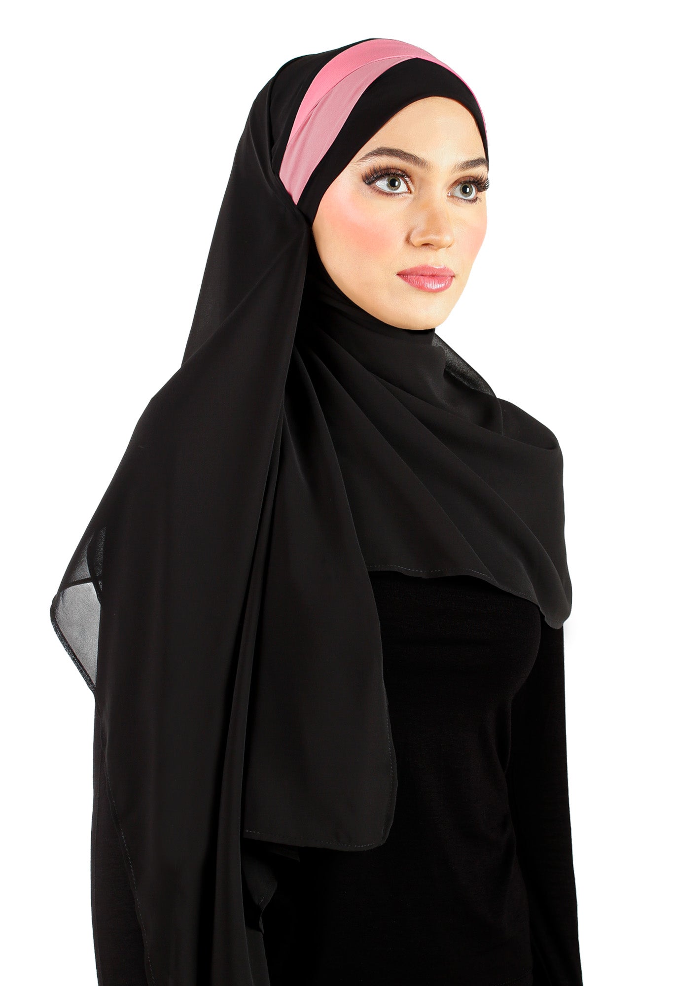 rose pink accent stripe on the black korean fabric hijab wrap has 2 tie back sashes that secure the hijab