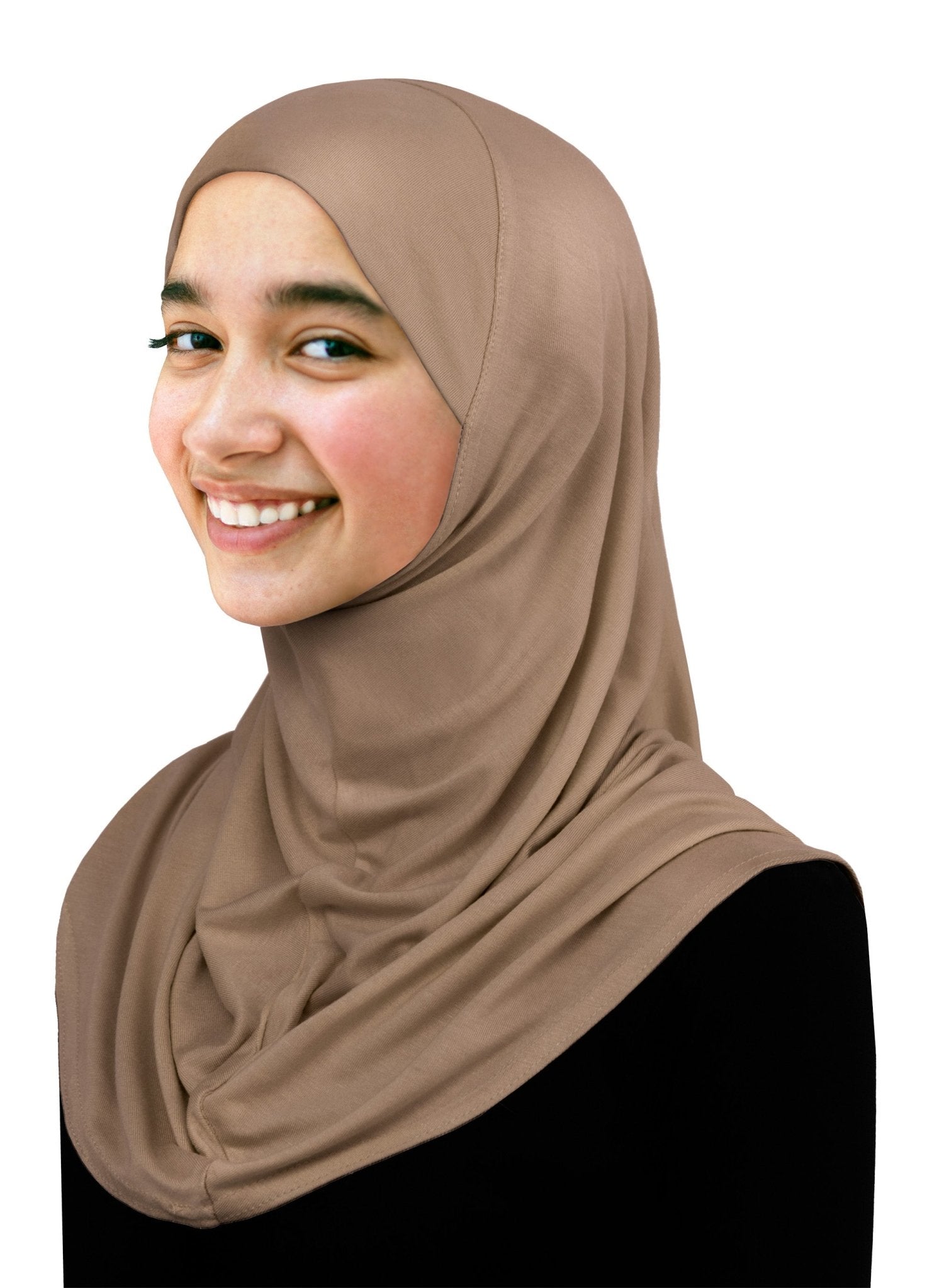 young ladies 1 piece amira hijab lycra easy pull on headscarf in tan