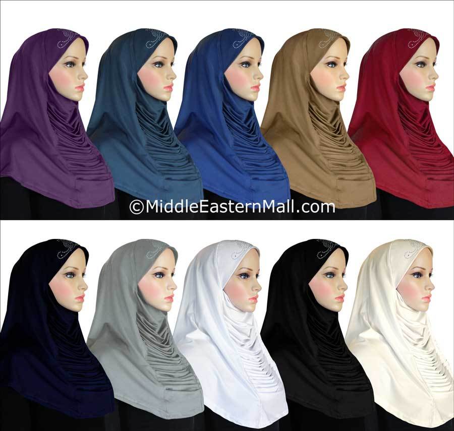 Wholesale Ruched Cascade Hijabs 1 piece Lycra Amira with RHINESTONES in 8 different colors