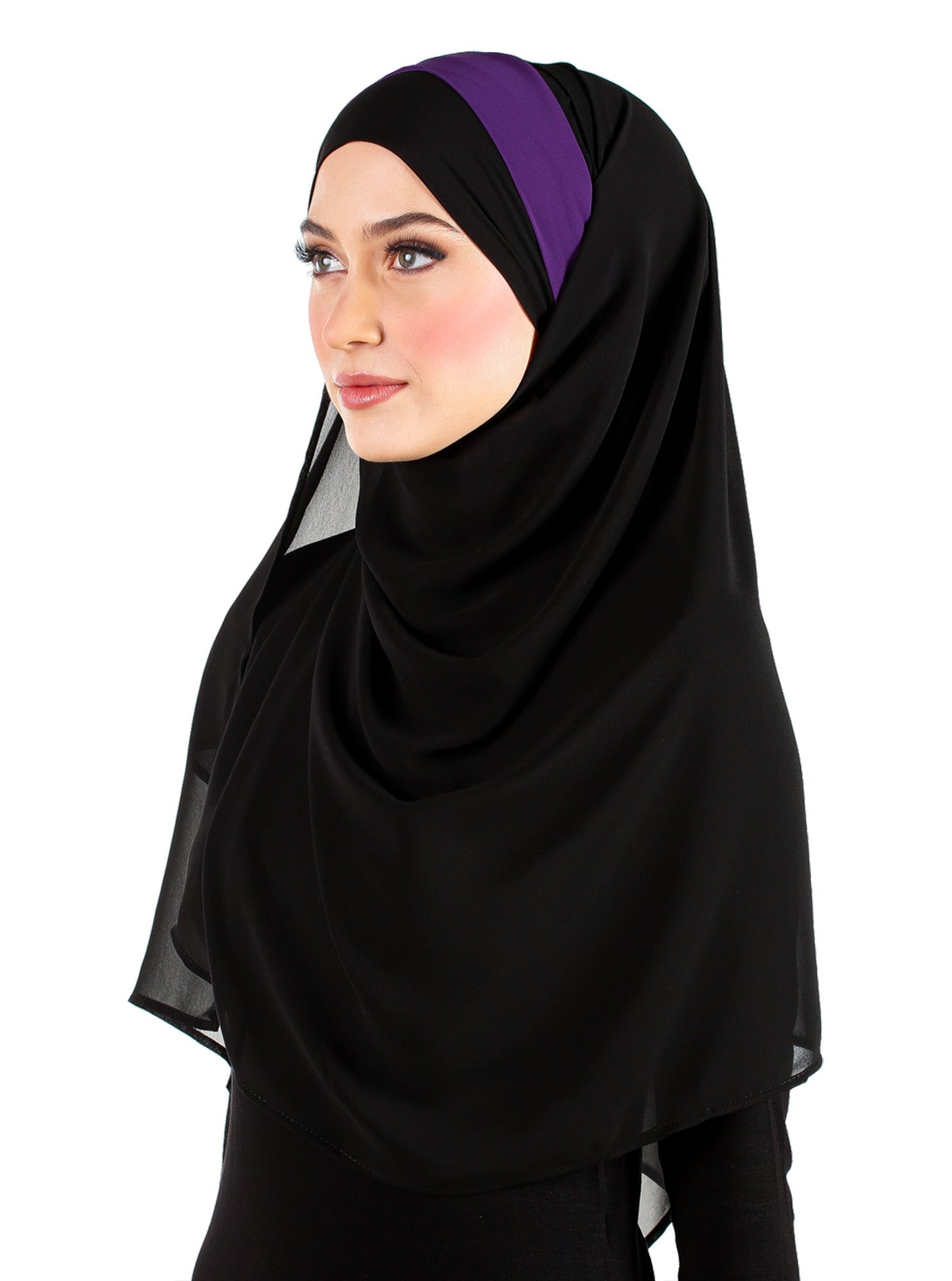 right hand view of Chiffon Wrap Hijab with caplet and sashes that tie back to secure hijab black with purple accent on the caplet