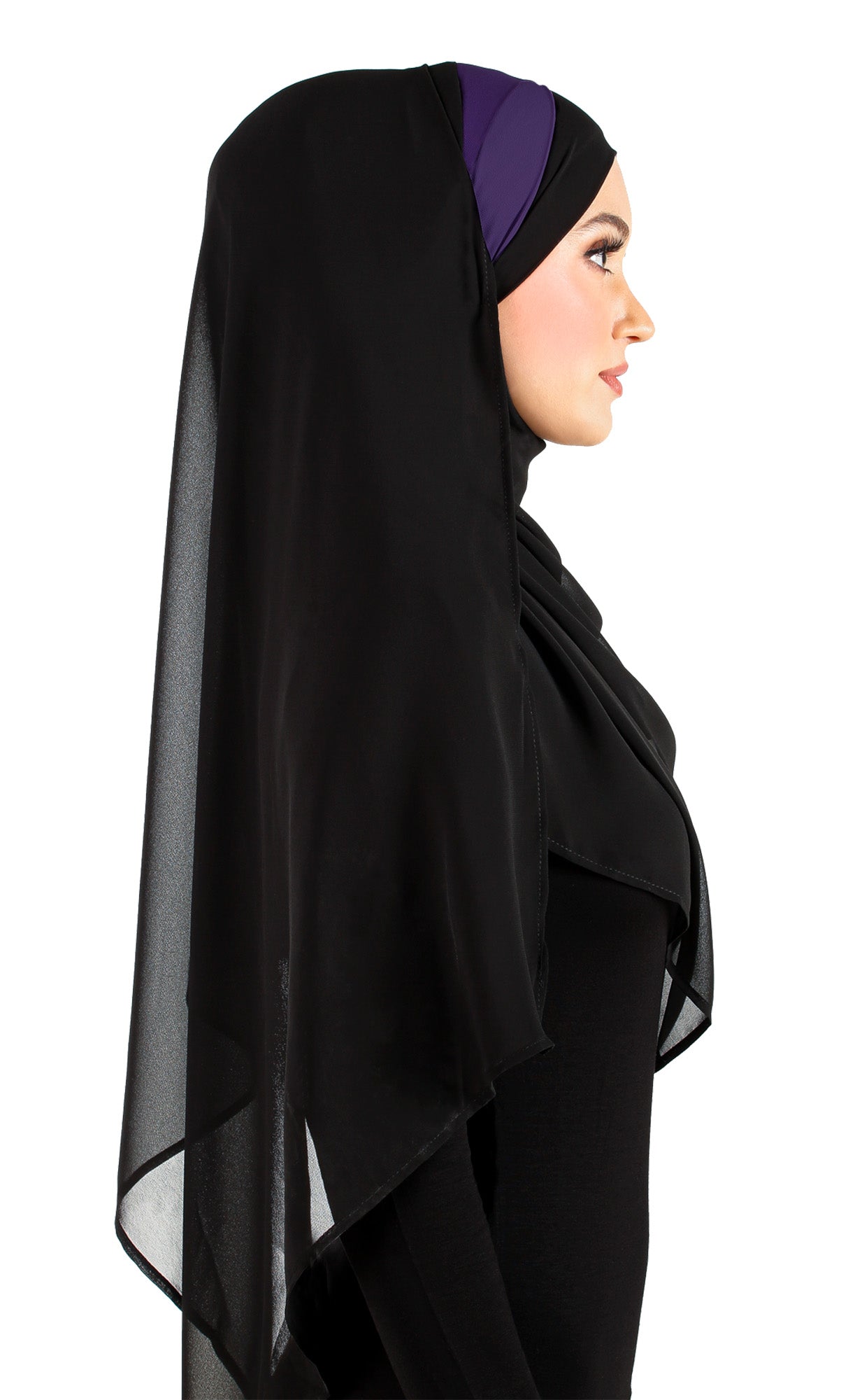 side view of Chiffon Wrap Hijab with caplet and sashes that tie back to secure hijab black with purple accent on the caplet