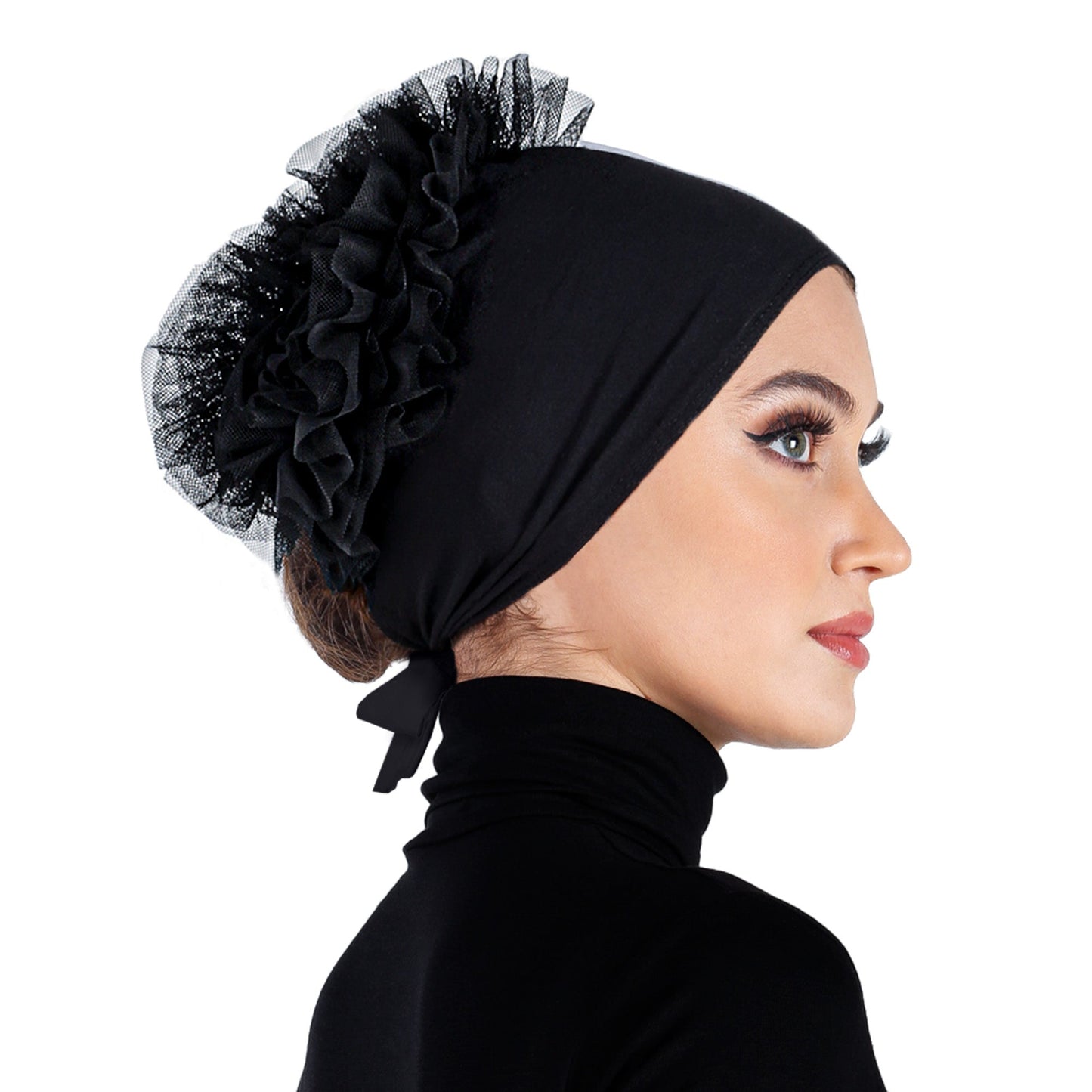 Wholesale Hijab Undercap Volumizer Bonnet with ties & Tulle Flower